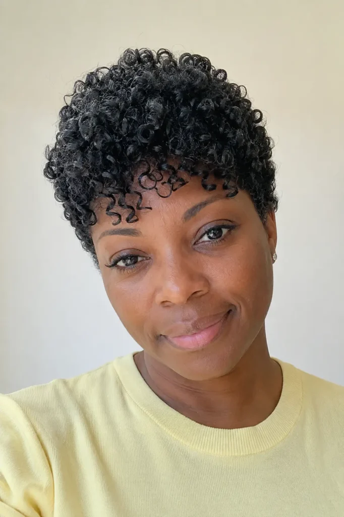 woman with a natural curly pixie haircut featuring a soft curly fringe, defined hydrated curls across the forehead, a full textured crown, and neatly cropped sides. She wears a pastel-yellow top with minimal makeup,