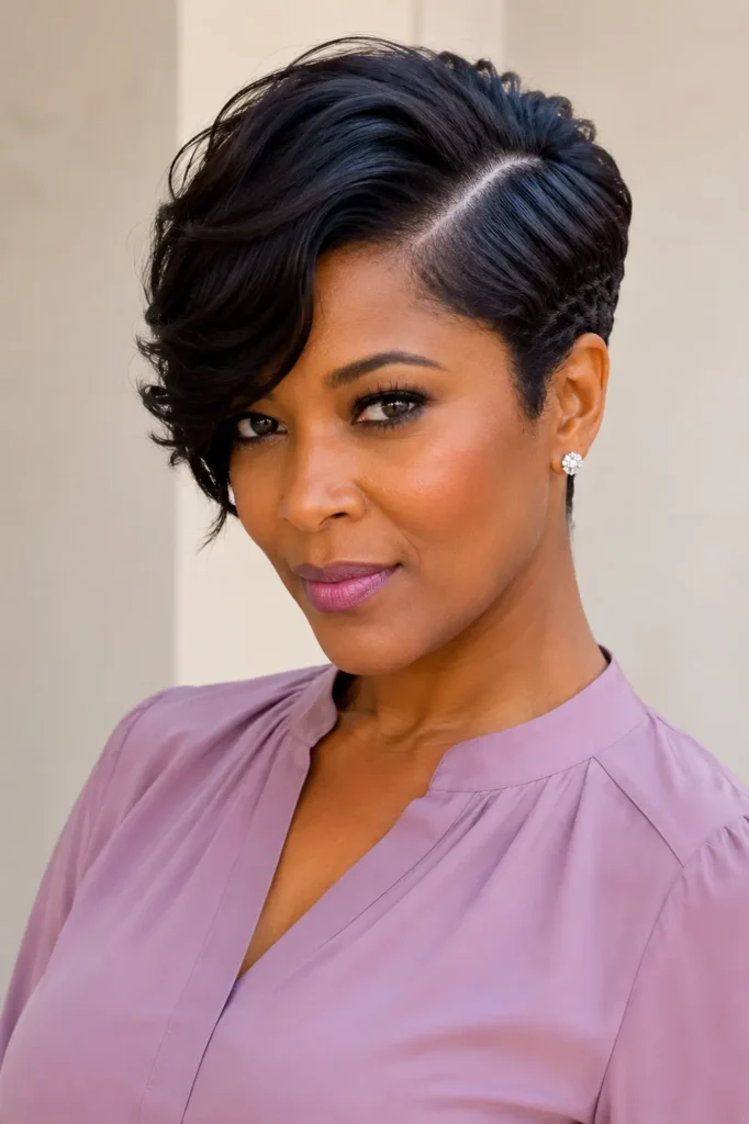 English woman with a polished deep side-part pixie haircut, softly waved volume, and neatly tapered sides, photographed in bright daylight wearing a light mauve blouse against a soft cream background.