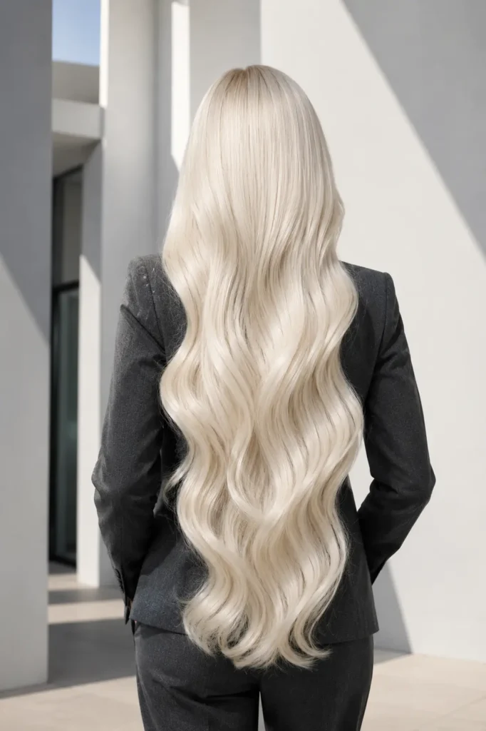 a white woman with extremely long platinum blonde hair featuring icy white-blonde tones with subtle pearl and silver dimension, styled in sleek glossy waves, wearing a charcoal-gray tailored suit in a minimalist white architectural studio with dramatic geometric shadows.