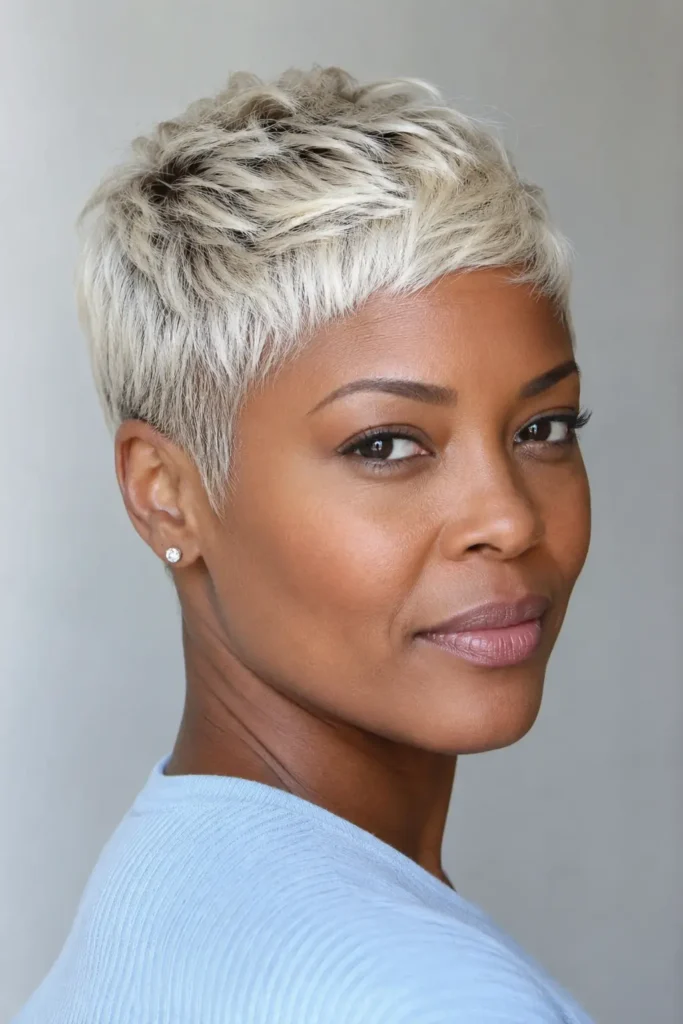 Black British woman with a chic platinum blonde pixie haircut featuring soft textured layers, subtle dark roots, and clean tapered sides, photographed in soft daylight against a pale gray background wearing a light blue top.
