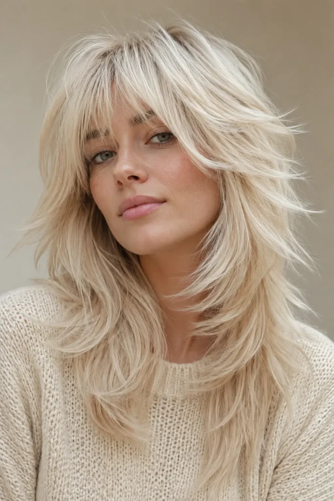 Platinum blonde wolf cut with wispy bangs, feathered layers, and soft volume on a real woman in natural daylight.