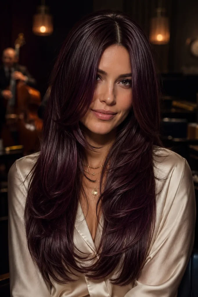 a white woman with long plum brown hair styled in sleek layered lengths and a center part. Her glossy hair features deep espresso brown with subtle plum, berry, and wine undertones. She wears a cream silk blouse