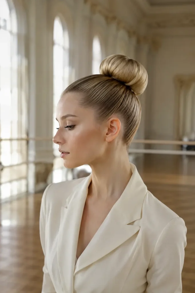 White woman with a sleek high ballerina bun and ivory blazer in a sunlit classical dance studio.