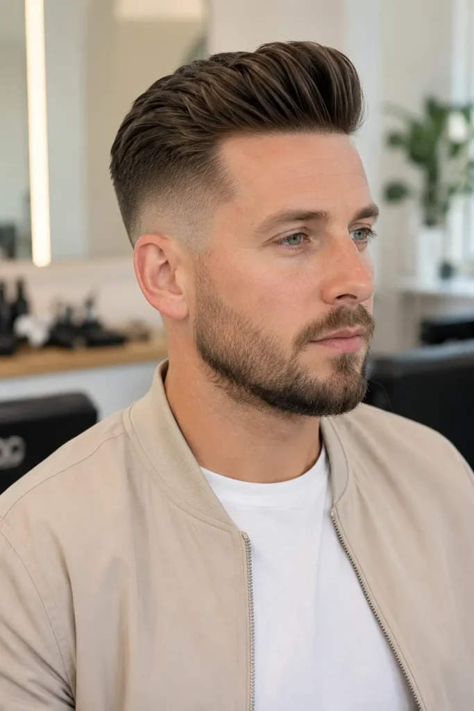 a modern pompadour fade featuring natural volume and neatly faded sides, wearing a beige bomber jacket over a white T-shirt, light beard,