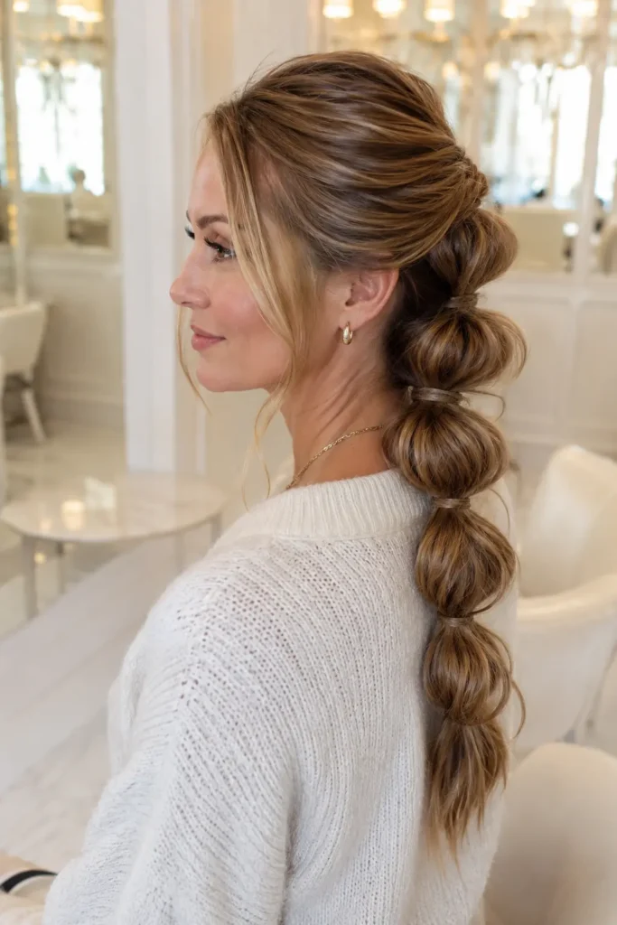 woman with glossy golden brown hair styled in a voluminous pull-through braid, wearing an ivory knit sweater in a bright cream salon with soft natural daylight.