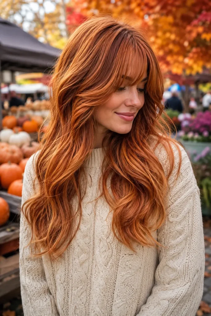 white woman with long pumpkin spice hair in voluminous textured waves and wispy curtain bangs, wearing a cream cable-knit sweater