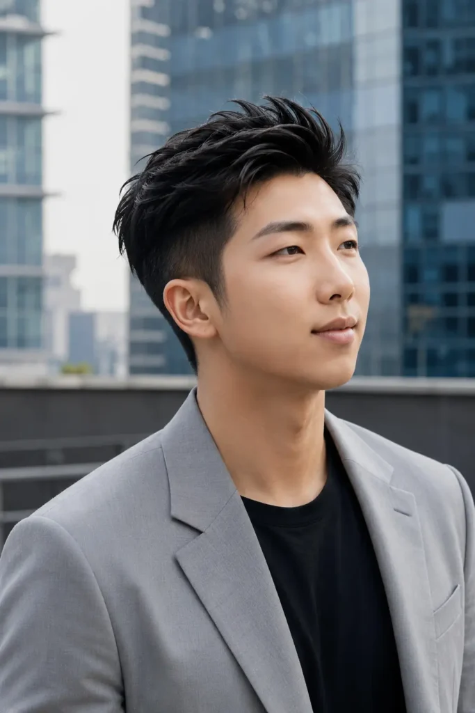 a young adult male with an RM-inspired clean tapered Korean haircut featuring faded sides and a voluminous textured black top, wearing a light-grey suit jacket over a black crew-neck shirt