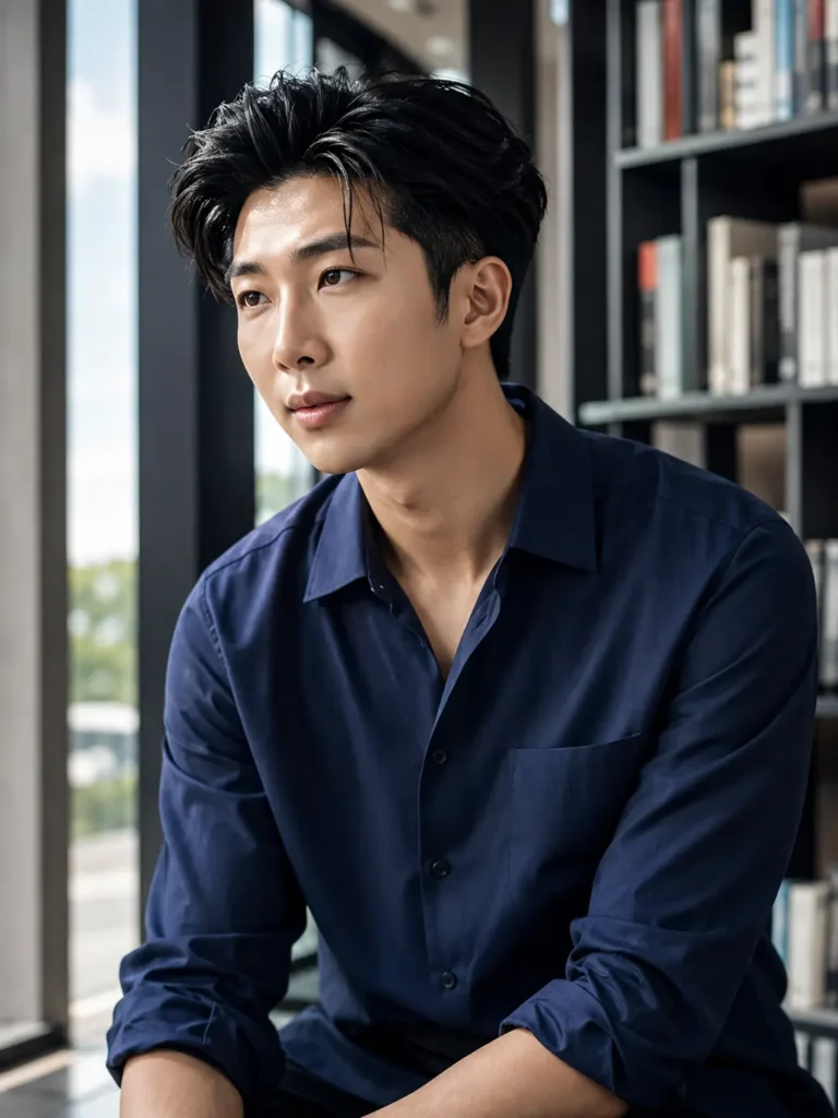 a young adult man with a textured side-part haircut featuring dark black hair, natural volume, and clean tapered sides. He wears a navy blue button-up shirt with rolled sleeves in a contemporary minimalist library with tall windows