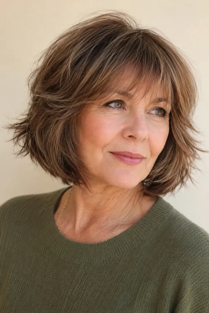 A woman with a razor-cut layered bob and wispy bangs, featuring feathered ends, healthy shine, and natural movement. She wears a soft olive sweater against a cream background in bright natural daylight, with the hairstyle as the main focus.