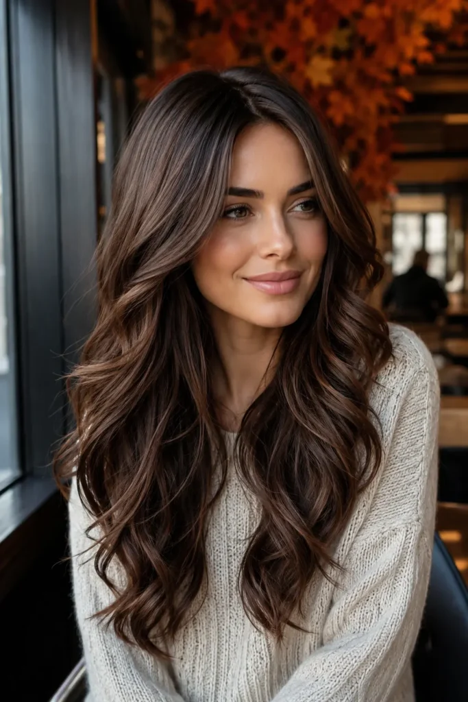 Rich glossy chocolate brown hair styled in long soft cascading waves with face-framing layers on a woman wearing a cream knit sweater in a cozy autumn café.