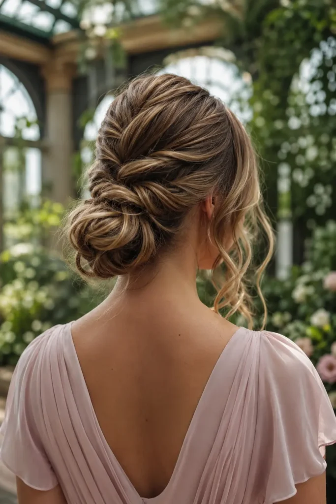 Back view of a white woman wearing a blush pink chiffon dress with a romantic loose chignon hairstyle featuring softly curled face-framing tendrils