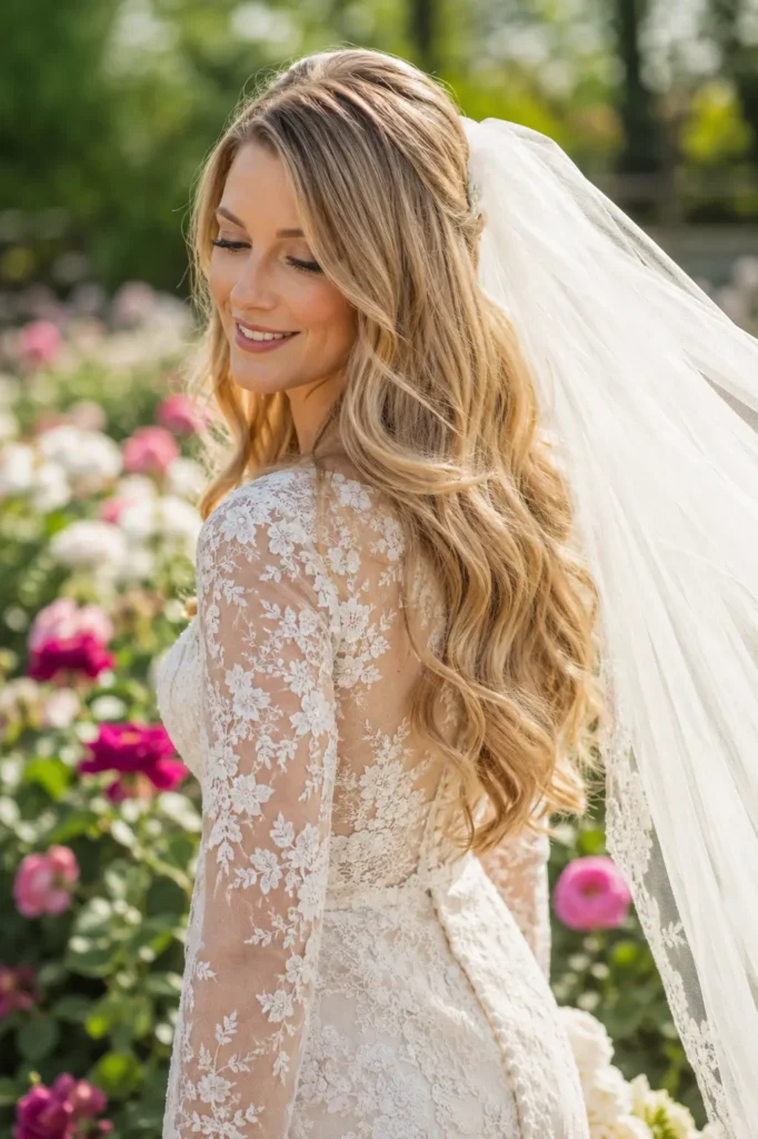 Close-up of a bride with long romantic loose honey blonde bridal waves and a flowing cathedral veil, wearing a delicate long-sleeve lace wedding dress in a blooming rose garden under bright natural daylight.