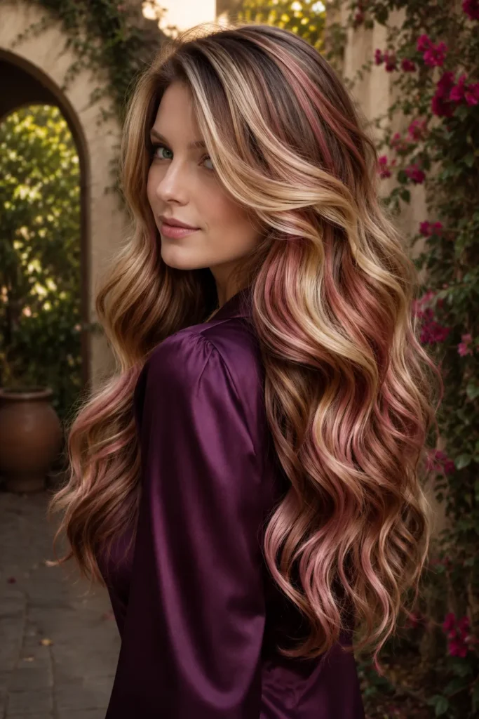 a white woman with long cascading waves featuring a chocolate brown base, creamy vanilla blonde ribbons, and delicate strawberry pink highlights, wearing a deep plum satin blouse in a European courtyard with flowering vines at golden hour.