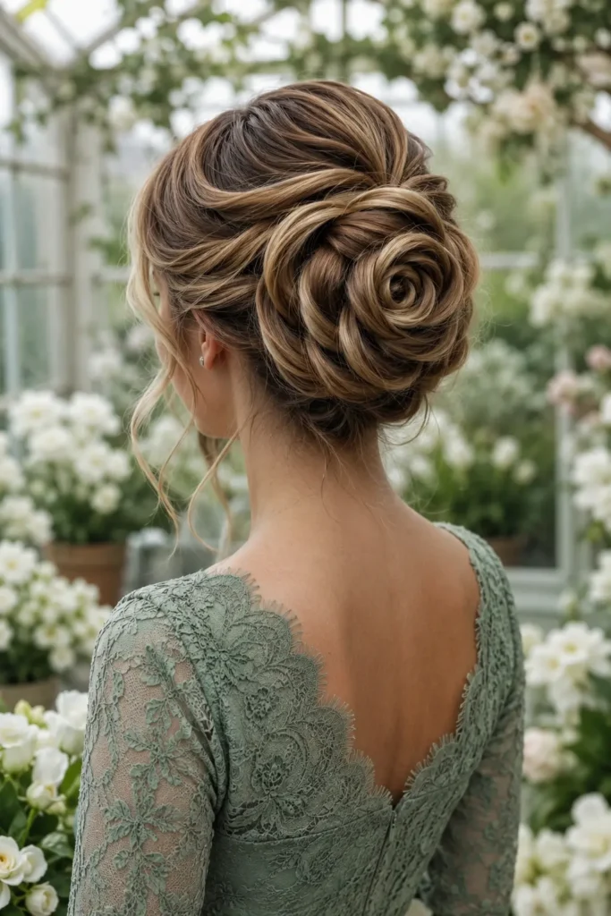 White woman with an intricate rose-shaped bun and sage green lace dress, photographed from the back in a romantic greenhouse with softly blurred white flowers.