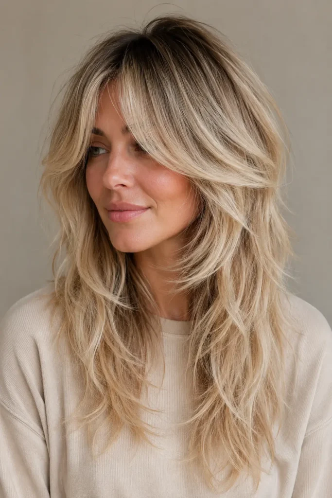 a woman with a rooted blonde wolf cut, soft curtain bangs, feathered layers, and glossy textured hair in a realistic DSLR portrait.
