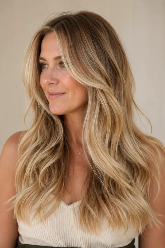 woman with rooted natural dark blonde hair, soft layered waves, darker blonde roots, bright blonde dimension, glossy shine,