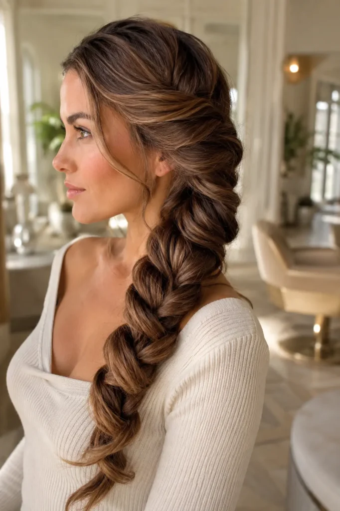 woman wearing a sleek rope twist braid with glossy medium caramel brown hair, styled with a cream knit top against a luxurious ivory salon background in bright natural daylight.