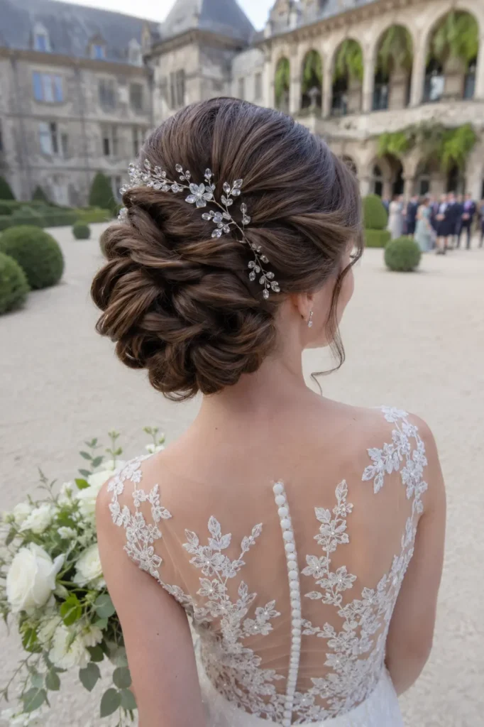 A close-up back view of a bride with a glossy medium brown rope twist bridal updo adorned with a delicate crystal vine accessory, wearing an embroidered illusion-back wedding gown in a sunlit European castle courtyard.