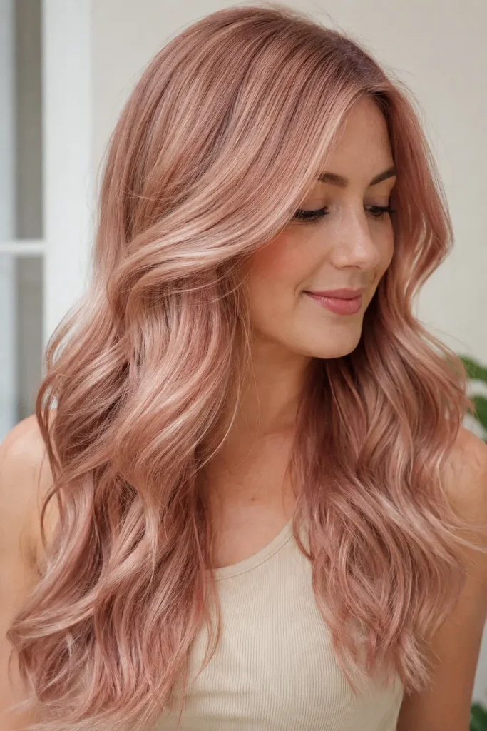 a woman with soft rose gold hair tint, glossy pink-gold waves, natural volume, and a healthy shiny hairstyle in bright daylight.