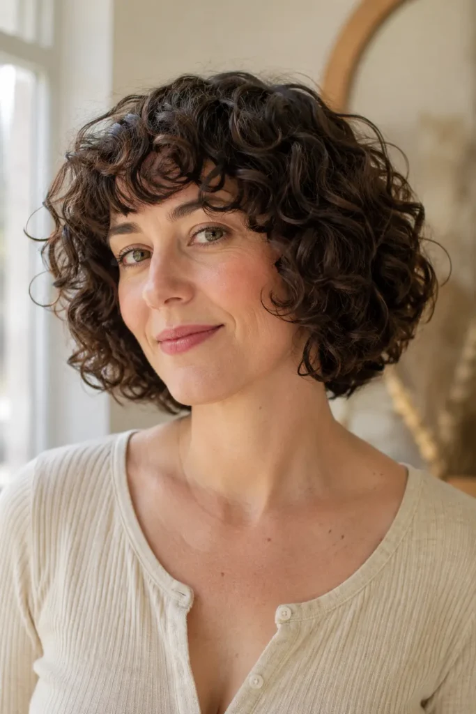 woman with a rounded curly bob haircut featuring soft, defined brunette curls and rounded volume, photographed in bright natural window light against a warm cream background.