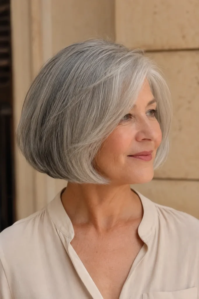 Rounded gray bob haircut on a mature English woman with soft silver layers, natural volume, smooth texture, and a classy nude shirt in bright daylight.