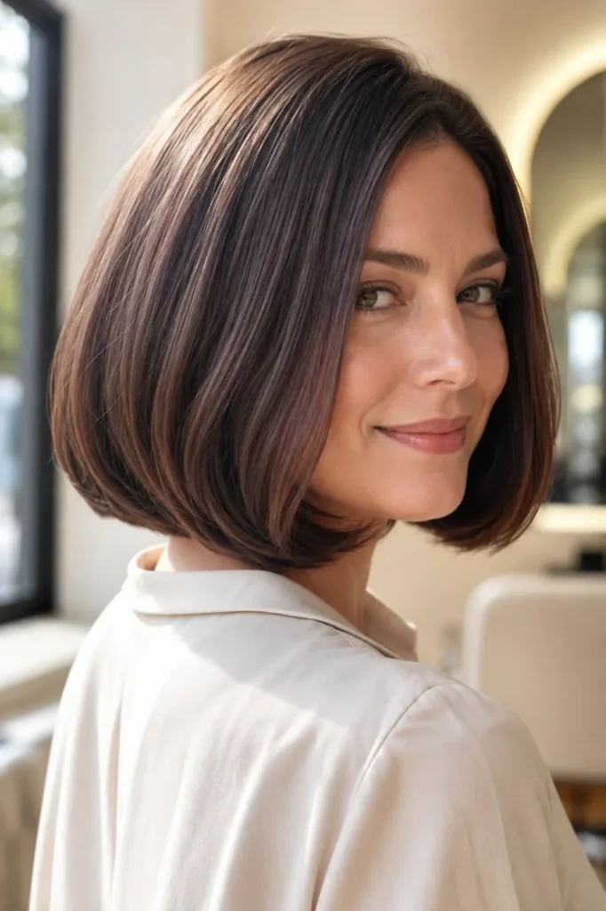 woman with a rounded Italian bob haircut featuring glossy chocolate-brown hair and softly curved ends, photographed in bright natural daylight against a warm ivory salon background, wearing a cream blouse with natural makeup.