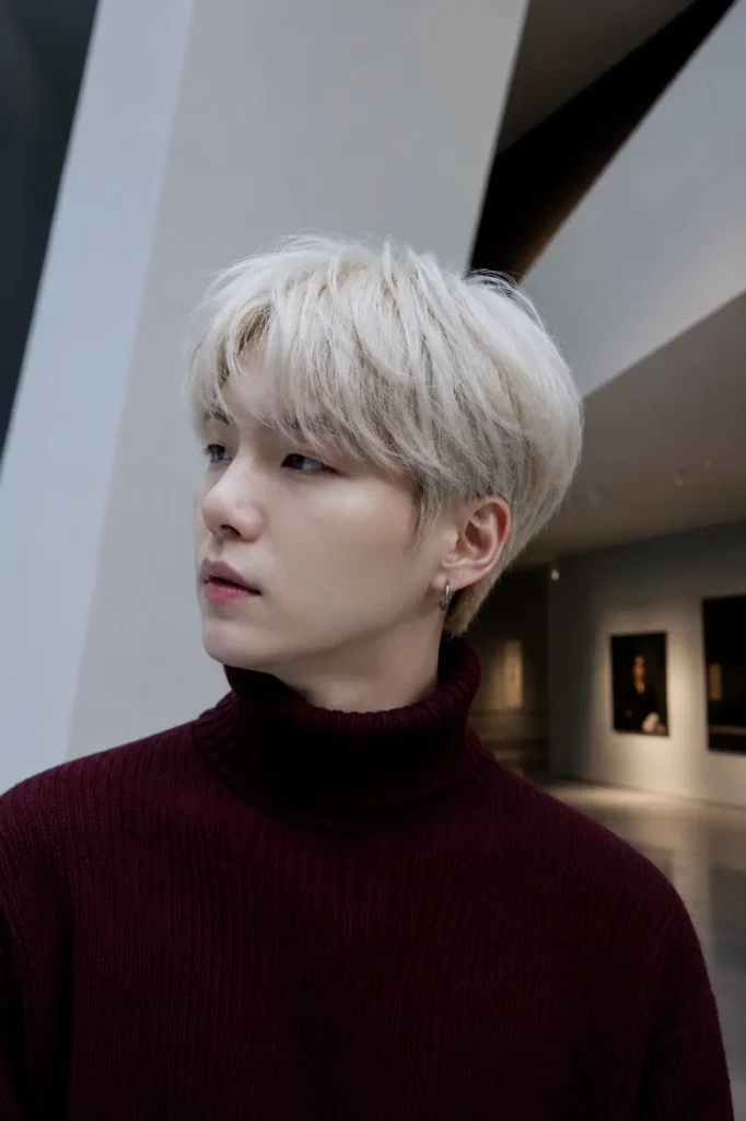 a young man with icy platinum blonde two-block Korean hair, wearing a deep burgundy turtleneck sweater in a minimalist museum with soft gallery lighting.