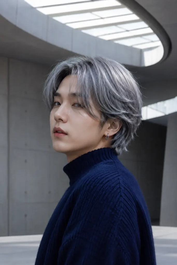 a young adult male with a SUGA-inspired silver ash Korean hairstyle featuring medium-length layered silver-grey hair with subtle dark roots and a soft centre part, wearing a deep navy high-collar knit sweater in a futuristic minimalist concrete interior illuminated by cool natural skylight.