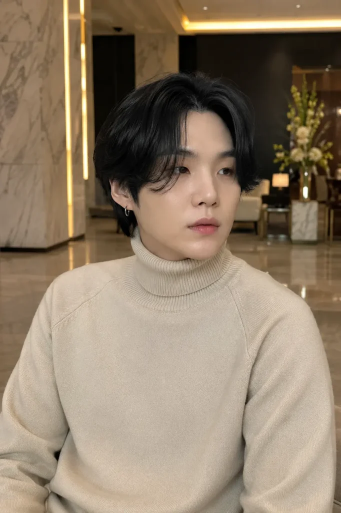 a young adult man with a sleek Korean-inspired middle-part hairstyle, featuring smooth jet-black medium-length hair with a refined straight texture. He wears a soft beige turtleneck sweater in an elegant minimalist hotel lobby with marble accents and warm ambient lighting, with the hairstyle as the main focus.