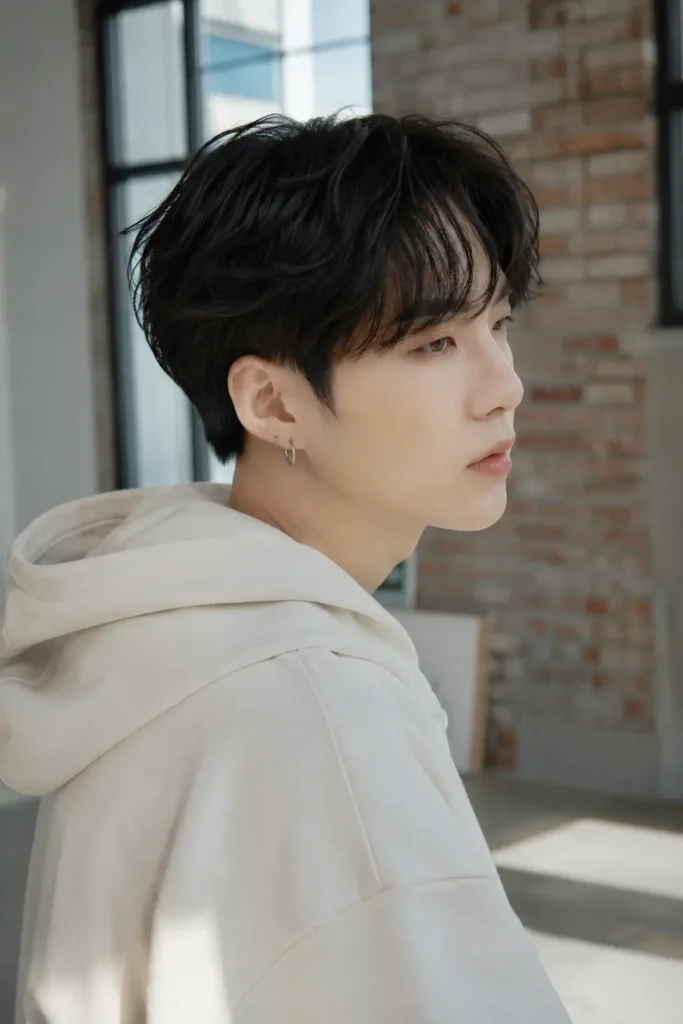 Young man with a textured two-block Korean haircut, charcoal-black layered hair, and a cream oversized hoodie, photographed in a softly lit industrial loft.