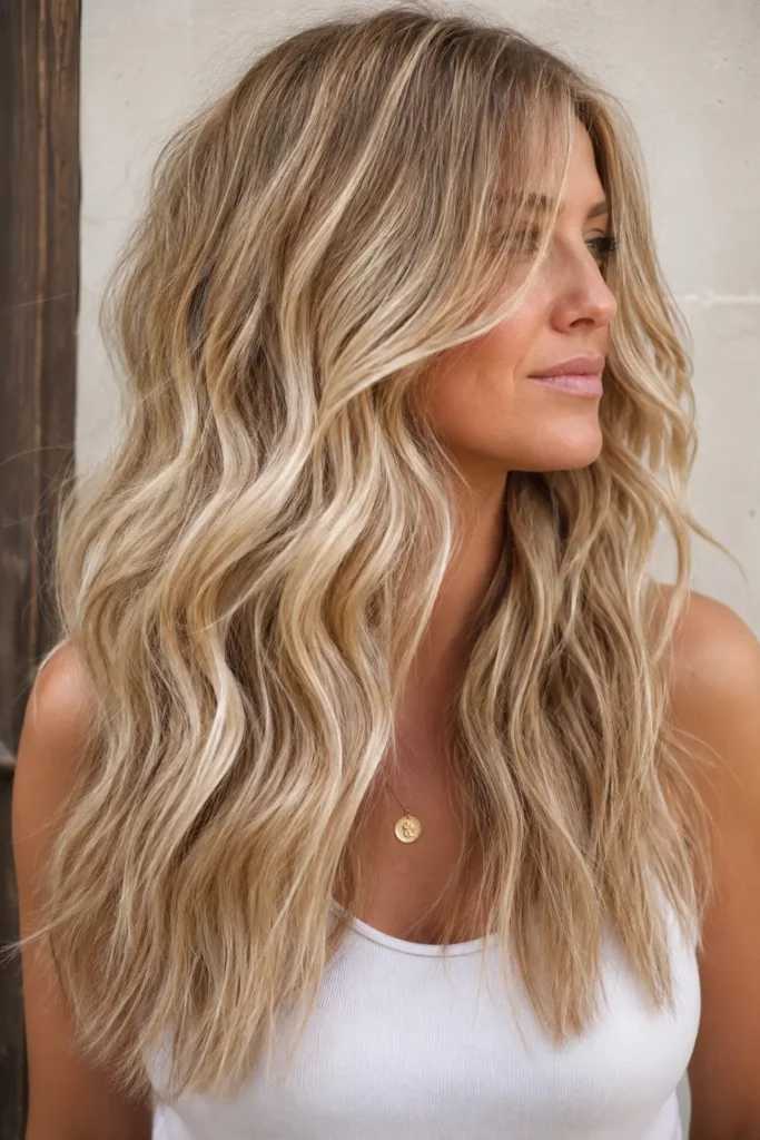 woman with sandy blonde wavy hairstyle, featuring beige blonde tones, soft layered waves, natural dimension, glossy shine