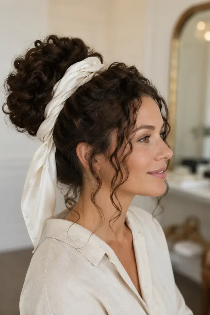 woman wearing a Scarf-Wrapped Curly Bun with an ivory satin scarf, soft voluminous curls, and delicate face-framing ringlets, paired with a cream linen blouse