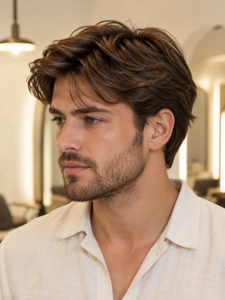 man with a classic scissor-cut hairstyle featuring soft natural texture and layered movement, wearing an ivory linen shirt with a neatly trimmed beard in a bright cream luxury barber studio.