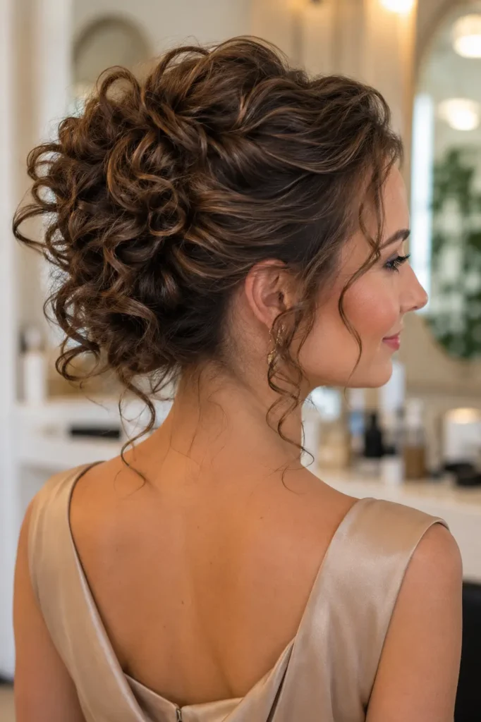 woman wearing a sculpted curly updo with voluminous, defined curls elegantly pinned into a modern textured updo, paired with a sophisticated champagne-beige dress and minimal jewelry
