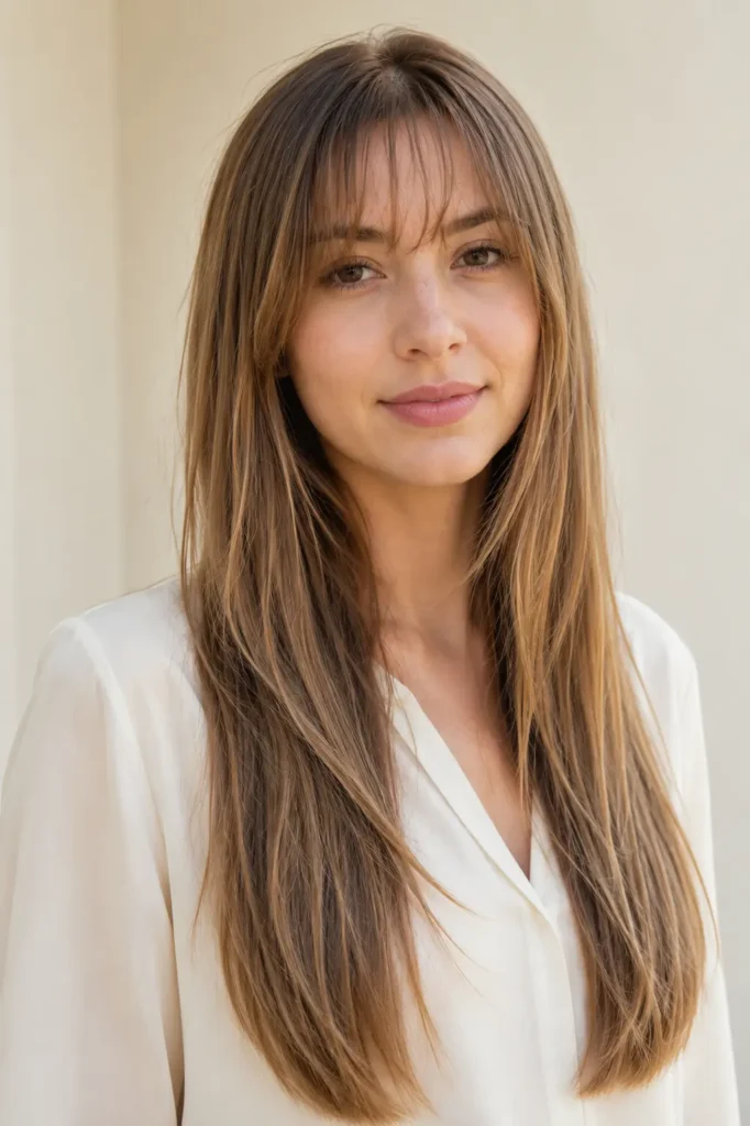 Silky long straight hair with a see-through fringe, styled in a smooth salon finish, photographed in bright natural light against a soft cream background with an ivory blouse.