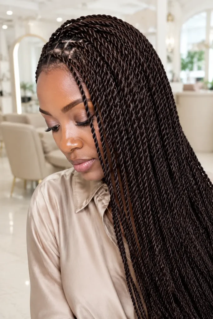 a Black woman wearing sleek Senegalese twist braids in glossy espresso brown, styled with a champagne-colored blouse against a bright ivory salon background in natural daylight.