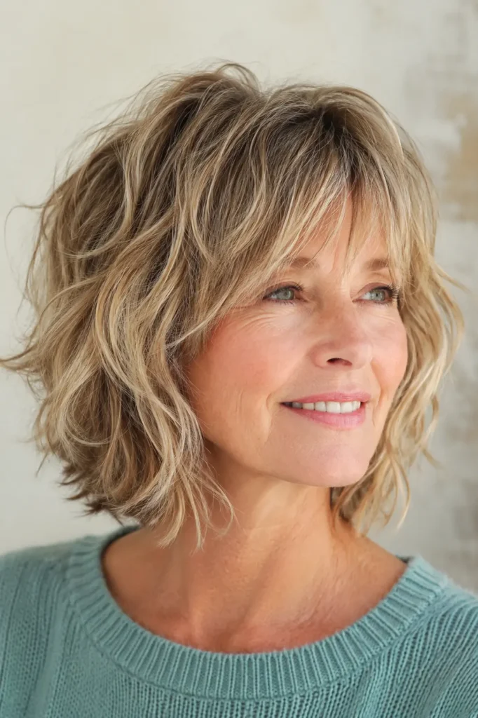 A woman in her late 50s with a shaggy layered bob and wispy bangs, featuring soft textured waves, airy volume, and healthy shine. She wears a soft teal sweater against a neutral cream background, with natural daylight highlighting the salon-quality movement and texture of her hairstyle.