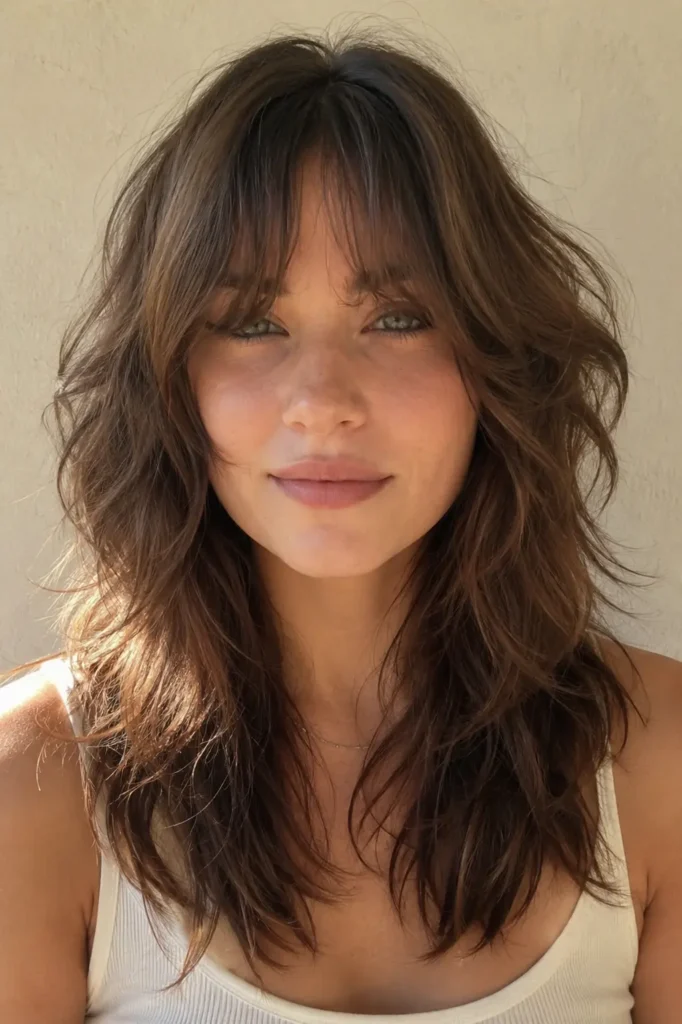 an English woman with a shaggy wolf cut and airy curtain bangs, featuring choppy textured layers, healthy shiny hair, and natural movement in bright daylight against a soft ivory background.