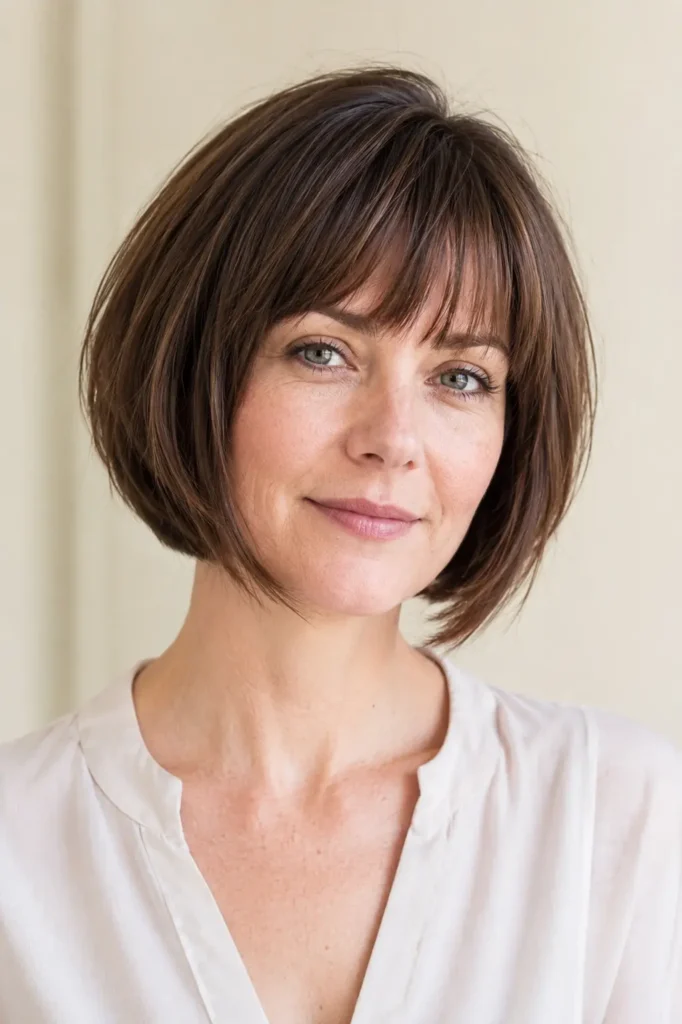 Short A-line bob haircut with bangs featuring angled layers, soft fringe, glossy texture, and natural volume on a real woman.