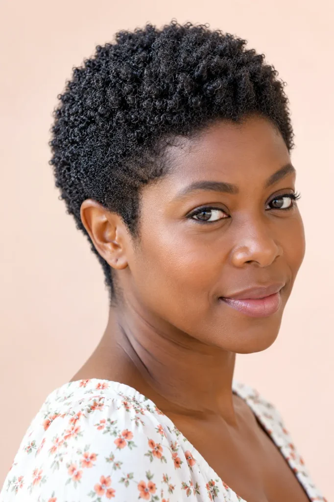 Short Afro pixie hairstyle with soft 4C coils and a rounded crown on a Black British woman, photographed in bright natural daylight against a pale peach background with a light floral summer blouse.