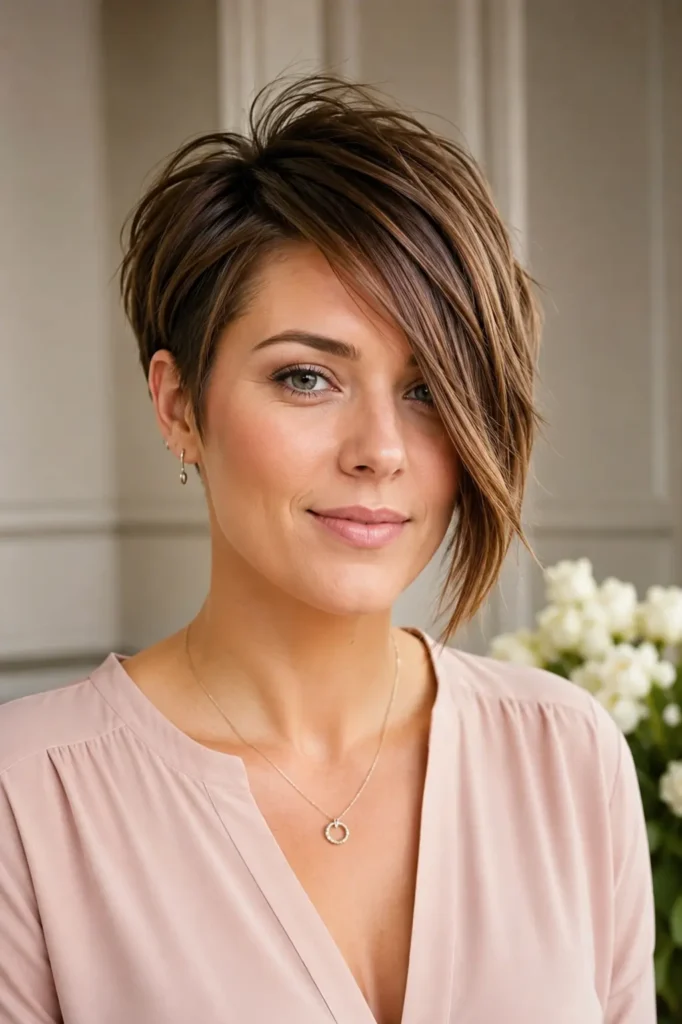Short asymmetrical haircut with side bangs featuring angled layers, natural texture, and glossy healthy shine on a real woman.
