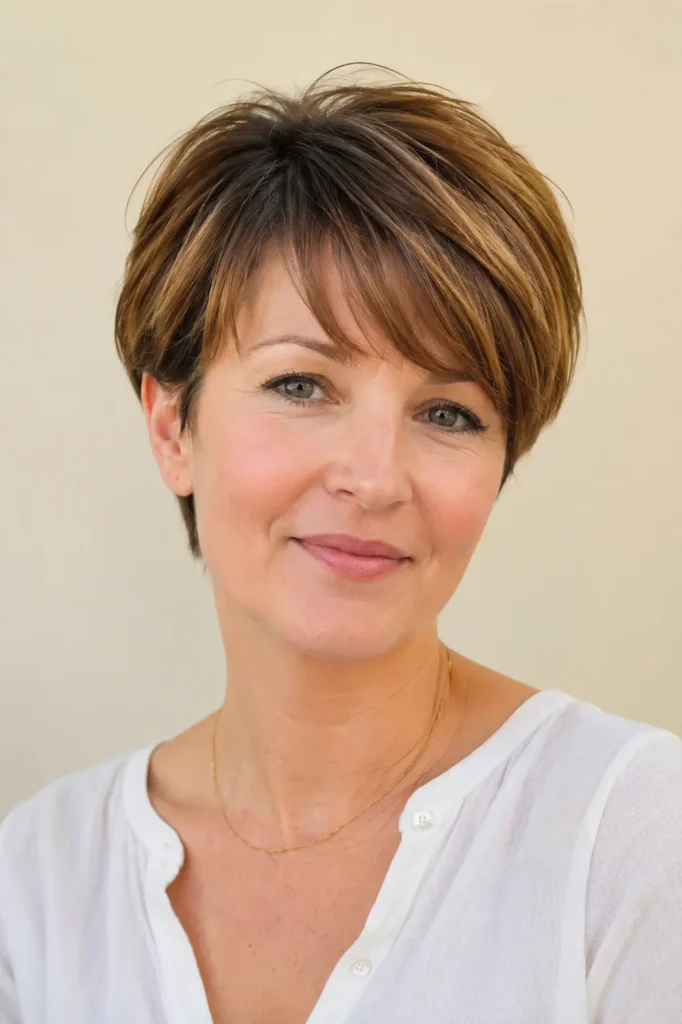 Short bixie haircut with soft bangs, cropped layers, natural texture, and lightweight volume on a woman.