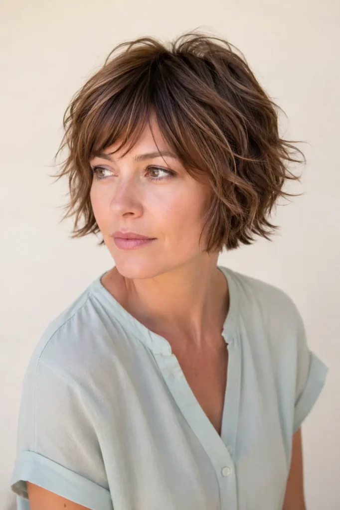 Short choppy haircut with wispy bangs, piecey layers, natural volume, and soft textured movement on a real woman in a DSLR portrait.