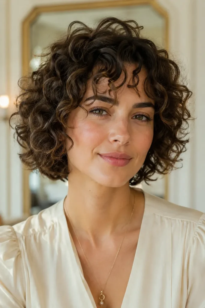 woman with a chin-length short curly bob featuring soft, naturally defined curls, airy volume, and a rounded shape, photographed in bright natural light against an elegant cream salon background.