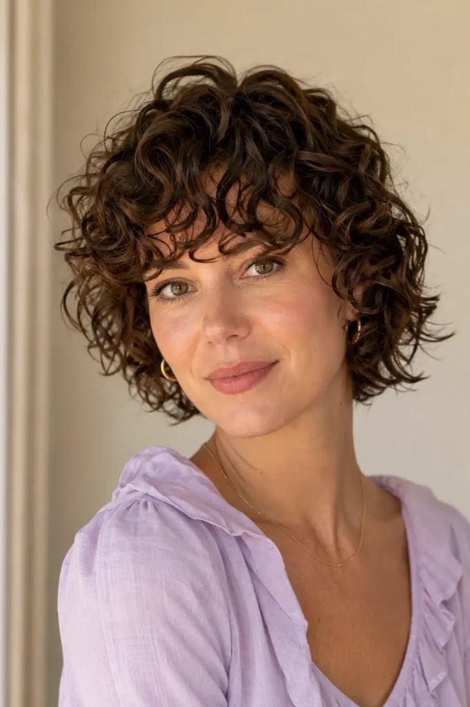 Short curly haircut with bangs on a real English woman, featuring defined curls, layered volume, natural shine, and soft curly fringe in a DSLR portrait.