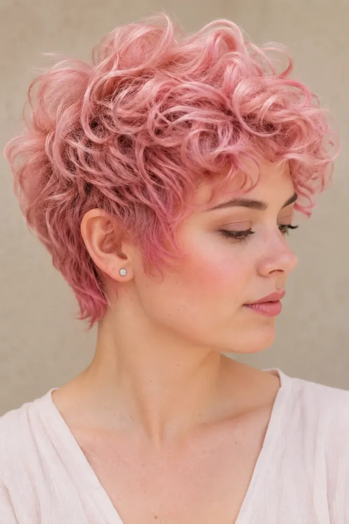 woman with a short curly pixie haircut, featuring defined pastel pink curls, soft layered texture, natural volume, glossy shine, minimal makeup, and a light outfit against a neutral beige background.