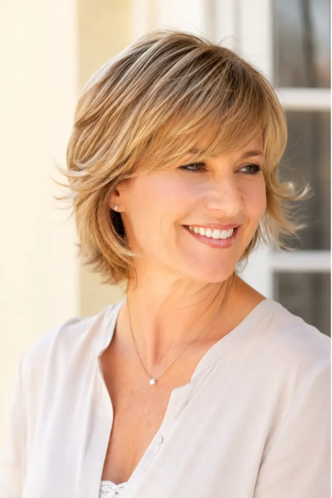 Short feathered haircut with side bangs on a mature English woman, featuring soft layers, natural volume, and glossy hair texture.