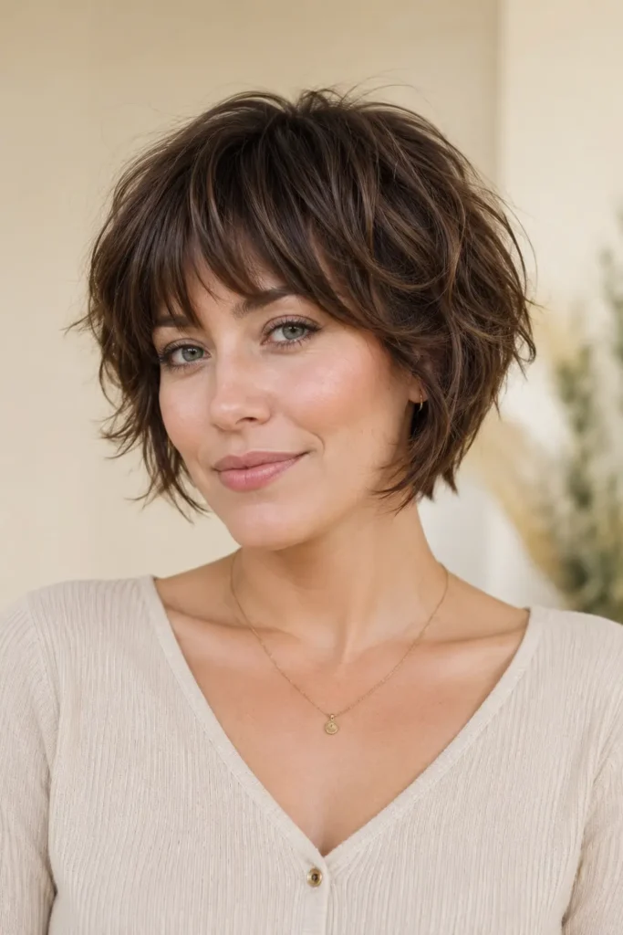 Short fluffy haircut with bangs featuring airy layers, soft fringe, natural volume, and textured glossy hair.