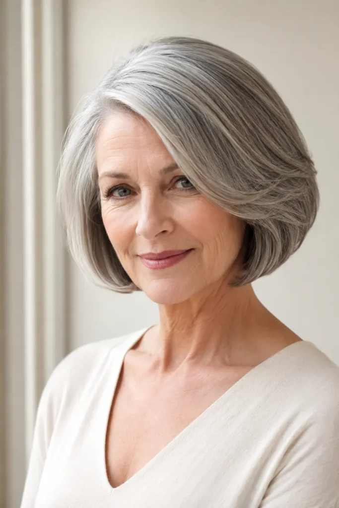 Short gray bob haircut with deep side part, soft silver tones, and natural volume on a mature English woman.