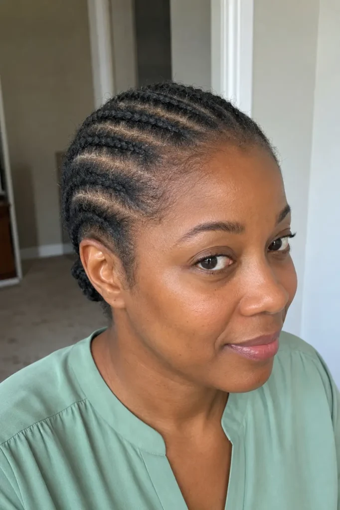 Close-up DSLR portrait of a real Black British woman with six short natural cornrows braided neatly to the nape, photographed from an elevated front-side angle in soft daylight inside a home, wearing a modest pastel-green blouse.
